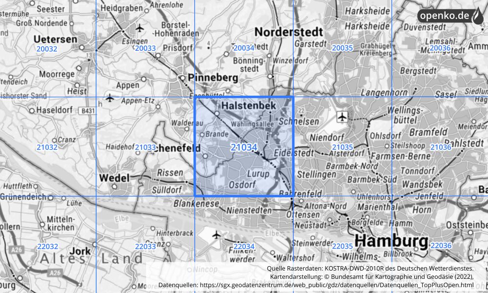 Übersichtskarte KOSTRA-DWD-2010R Rasterfeld Nr. 21034 mit angrenzenden Feldern