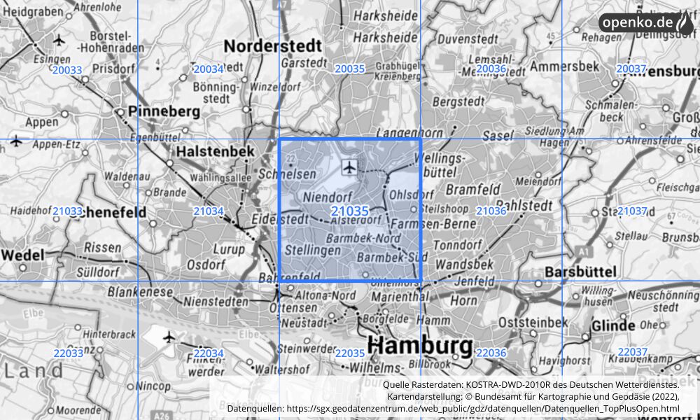 Übersichtskarte KOSTRA-DWD-2010R Rasterfeld Nr. 21035 mit angrenzenden Feldern