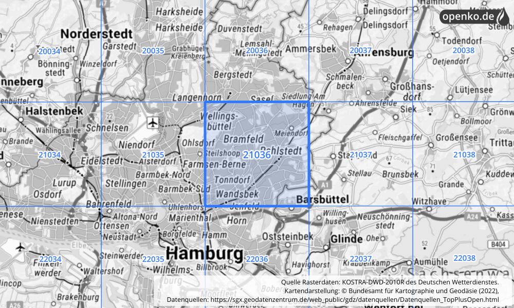 Übersichtskarte KOSTRA-DWD-2010R Rasterfeld Nr. 21036 mit angrenzenden Feldern