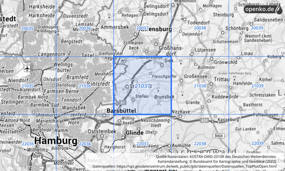 Übersichtskarte KOSTRA-DWD-2010R Rasterfeld Nr. 21037 mit angrenzenden Feldern