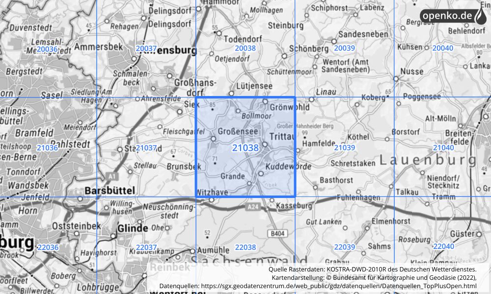 Übersichtskarte KOSTRA-DWD-2010R Rasterfeld Nr. 21038 mit angrenzenden Feldern