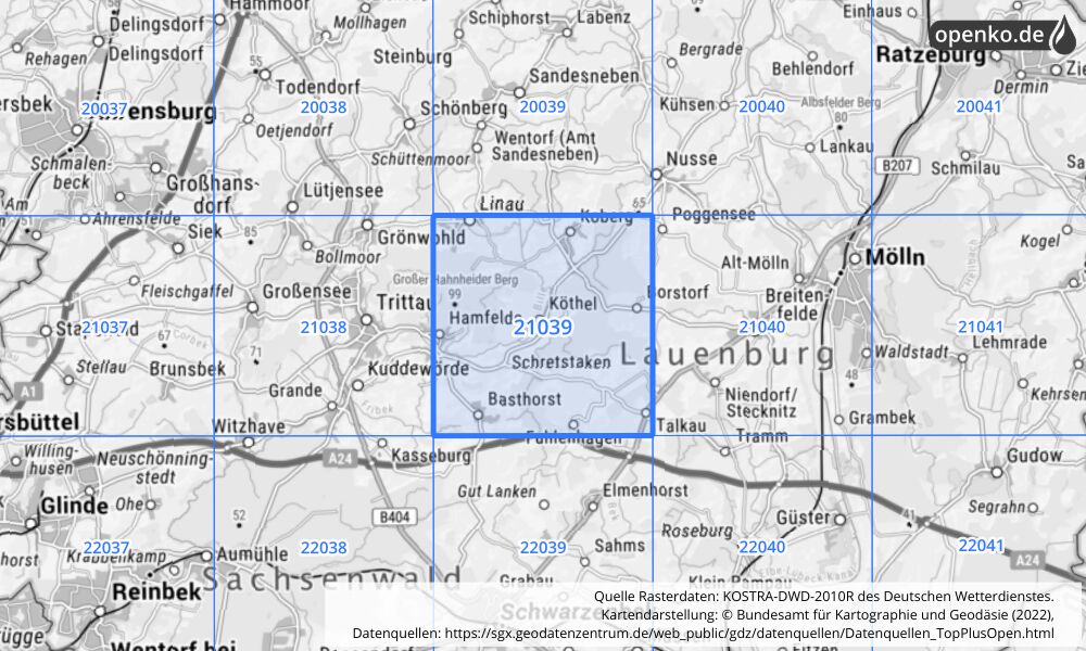 Übersichtskarte KOSTRA-DWD-2010R Rasterfeld Nr. 21039 mit angrenzenden Feldern