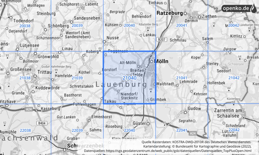 Übersichtskarte KOSTRA-DWD-2010R Rasterfeld Nr. 21040 mit angrenzenden Feldern