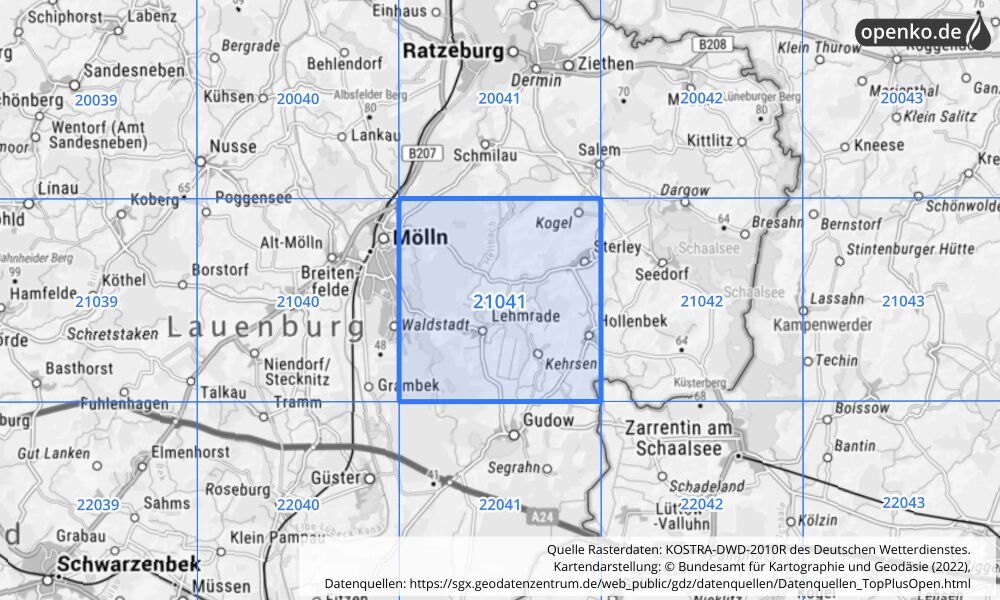 Übersichtskarte KOSTRA-DWD-2010R Rasterfeld Nr. 21041 mit angrenzenden Feldern