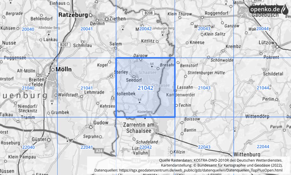 Übersichtskarte KOSTRA-DWD-2010R Rasterfeld Nr. 21042 mit angrenzenden Feldern