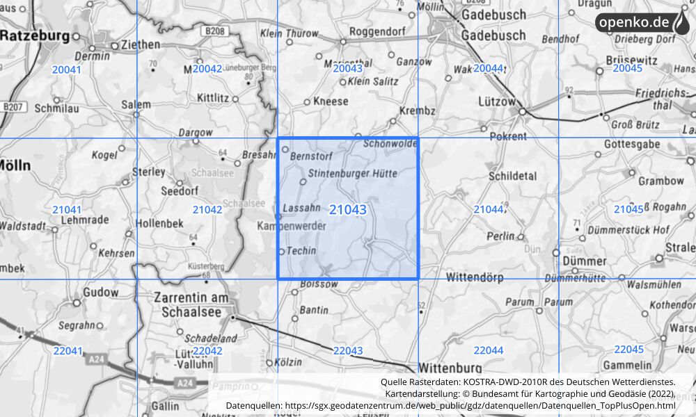 Übersichtskarte KOSTRA-DWD-2010R Rasterfeld Nr. 21043 mit angrenzenden Feldern