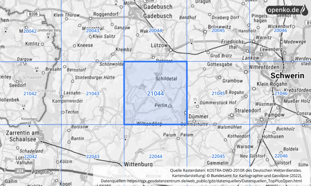 Übersichtskarte KOSTRA-DWD-2010R Rasterfeld Nr. 21044 mit angrenzenden Feldern