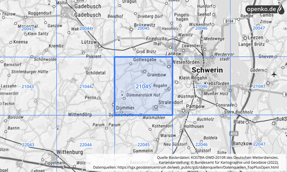 Übersichtskarte KOSTRA-DWD-2010R Rasterfeld Nr. 21045 mit angrenzenden Feldern