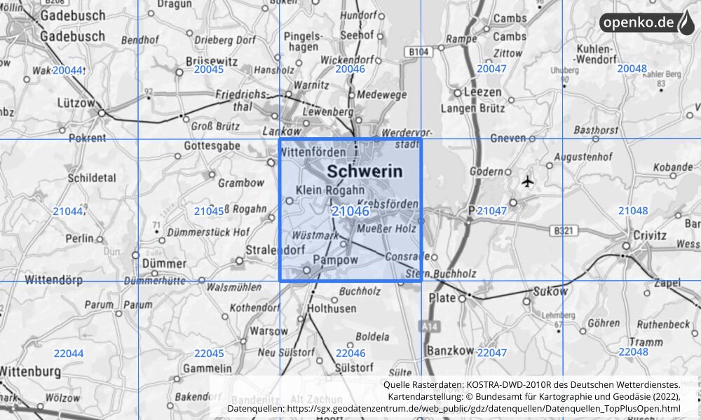 Übersichtskarte KOSTRA-DWD-2010R Rasterfeld Nr. 21046 mit angrenzenden Feldern