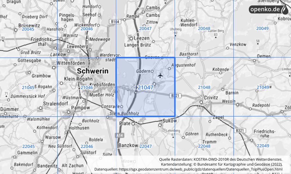 Übersichtskarte KOSTRA-DWD-2010R Rasterfeld Nr. 21047 mit angrenzenden Feldern