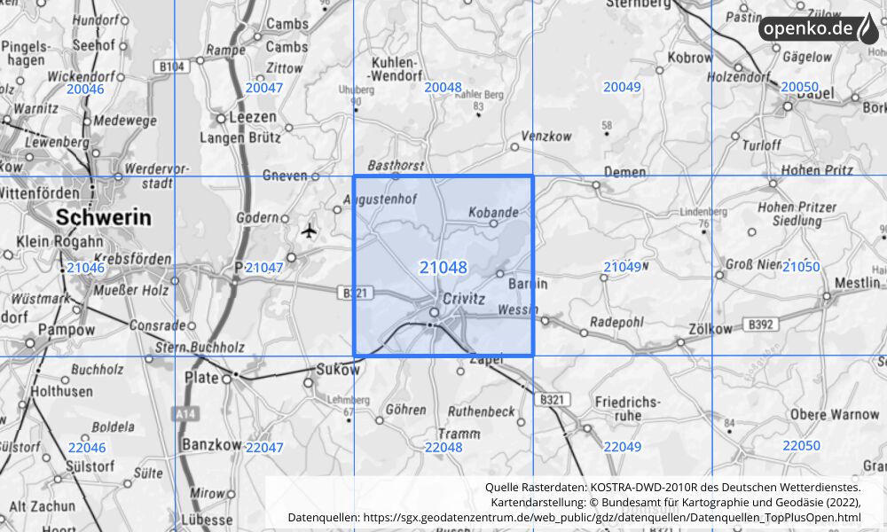 Übersichtskarte KOSTRA-DWD-2010R Rasterfeld Nr. 21048 mit angrenzenden Feldern