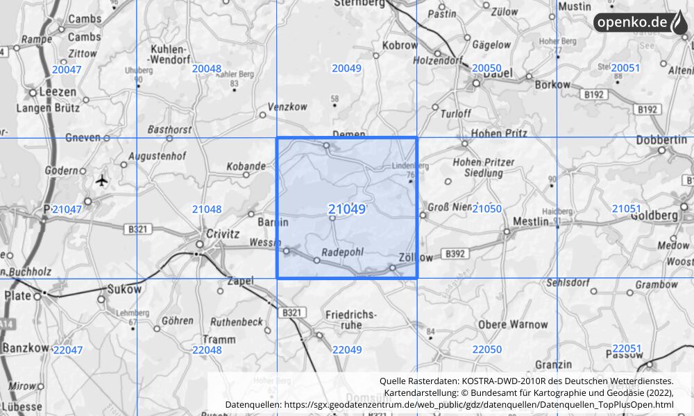 Übersichtskarte KOSTRA-DWD-2010R Rasterfeld Nr. 21049 mit angrenzenden Feldern