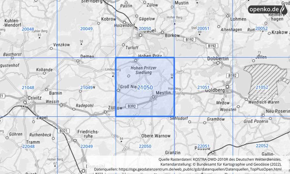 Übersichtskarte KOSTRA-DWD-2010R Rasterfeld Nr. 21050 mit angrenzenden Feldern