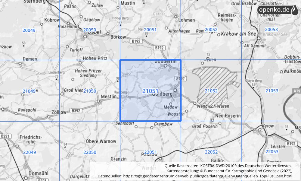 Übersichtskarte KOSTRA-DWD-2010R Rasterfeld Nr. 21051 mit angrenzenden Feldern