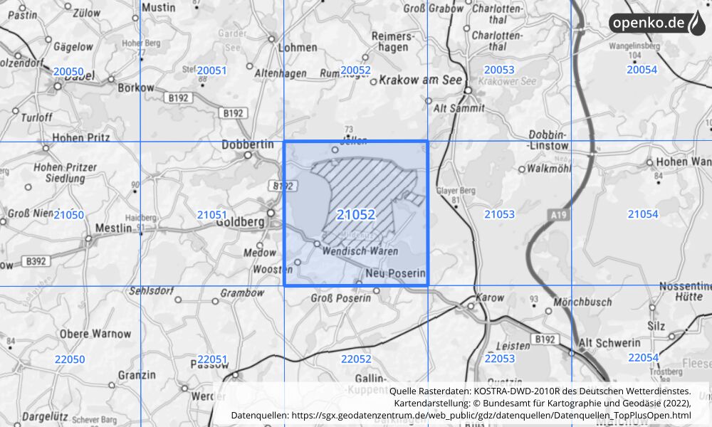 Übersichtskarte KOSTRA-DWD-2010R Rasterfeld Nr. 21052 mit angrenzenden Feldern