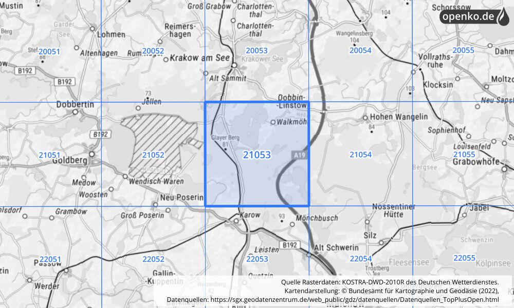 Übersichtskarte KOSTRA-DWD-2010R Rasterfeld Nr. 21053 mit angrenzenden Feldern