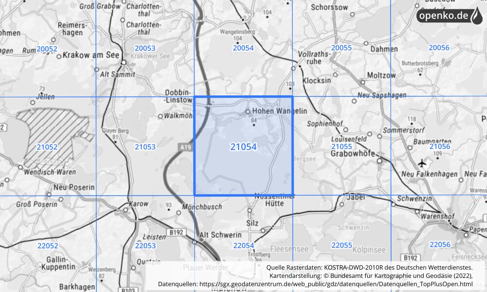 Übersichtskarte KOSTRA-DWD-2010R Rasterfeld Nr. 21054 mit angrenzenden Feldern