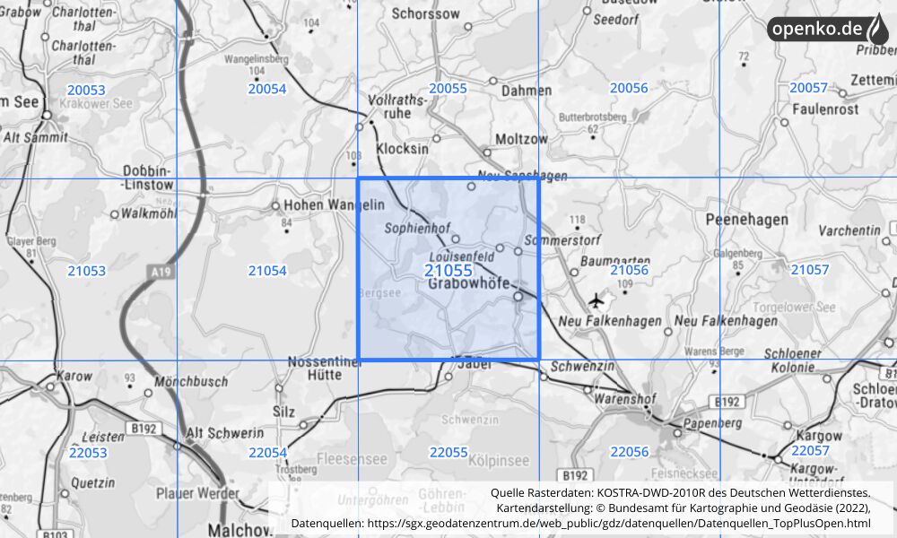 Übersichtskarte KOSTRA-DWD-2010R Rasterfeld Nr. 21055 mit angrenzenden Feldern
