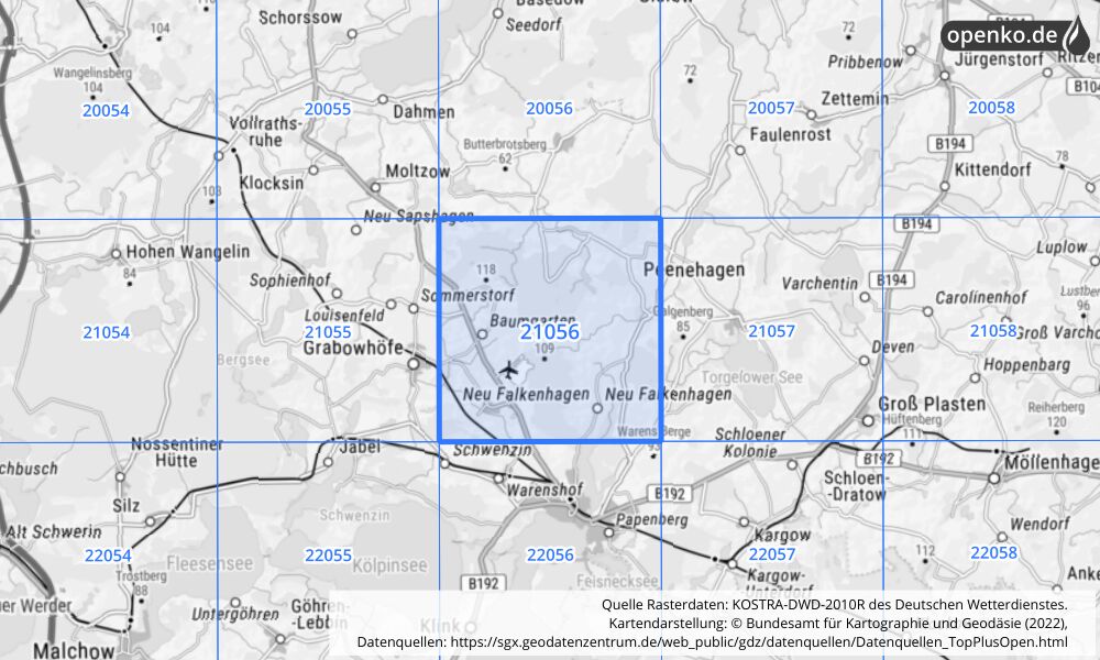 Übersichtskarte KOSTRA-DWD-2010R Rasterfeld Nr. 21056 mit angrenzenden Feldern