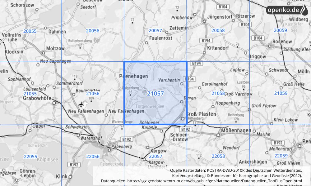 Übersichtskarte KOSTRA-DWD-2010R Rasterfeld Nr. 21057 mit angrenzenden Feldern