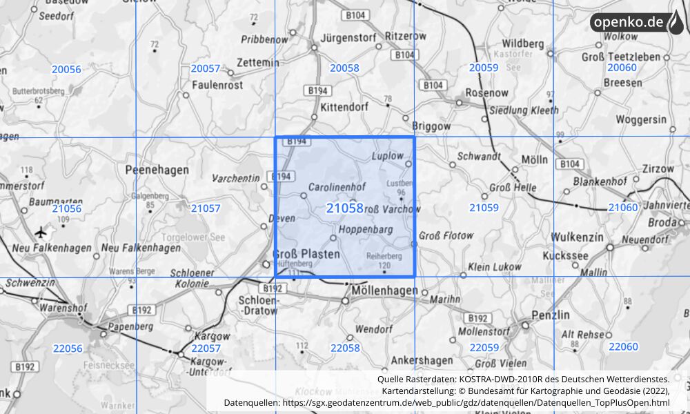 Übersichtskarte KOSTRA-DWD-2010R Rasterfeld Nr. 21058 mit angrenzenden Feldern