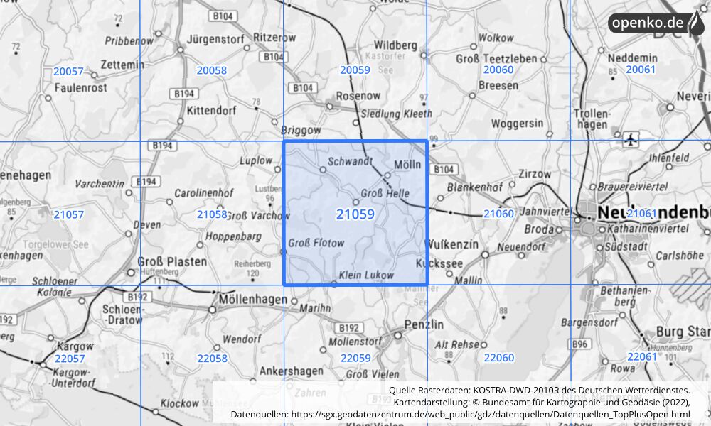 Übersichtskarte KOSTRA-DWD-2010R Rasterfeld Nr. 21059 mit angrenzenden Feldern