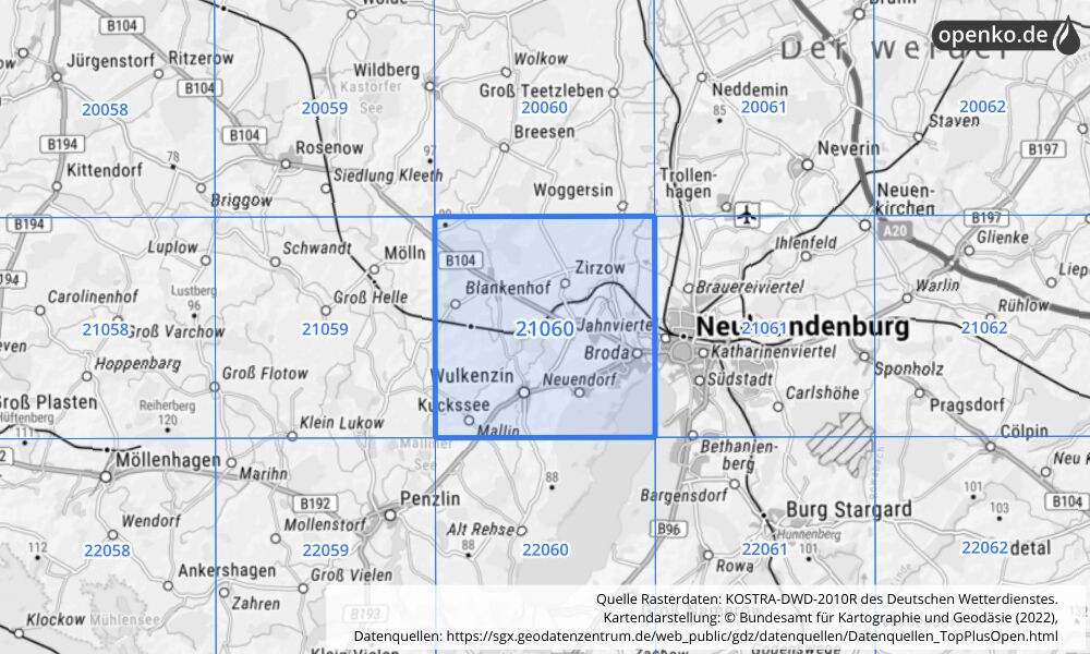 Übersichtskarte KOSTRA-DWD-2010R Rasterfeld Nr. 21060 mit angrenzenden Feldern