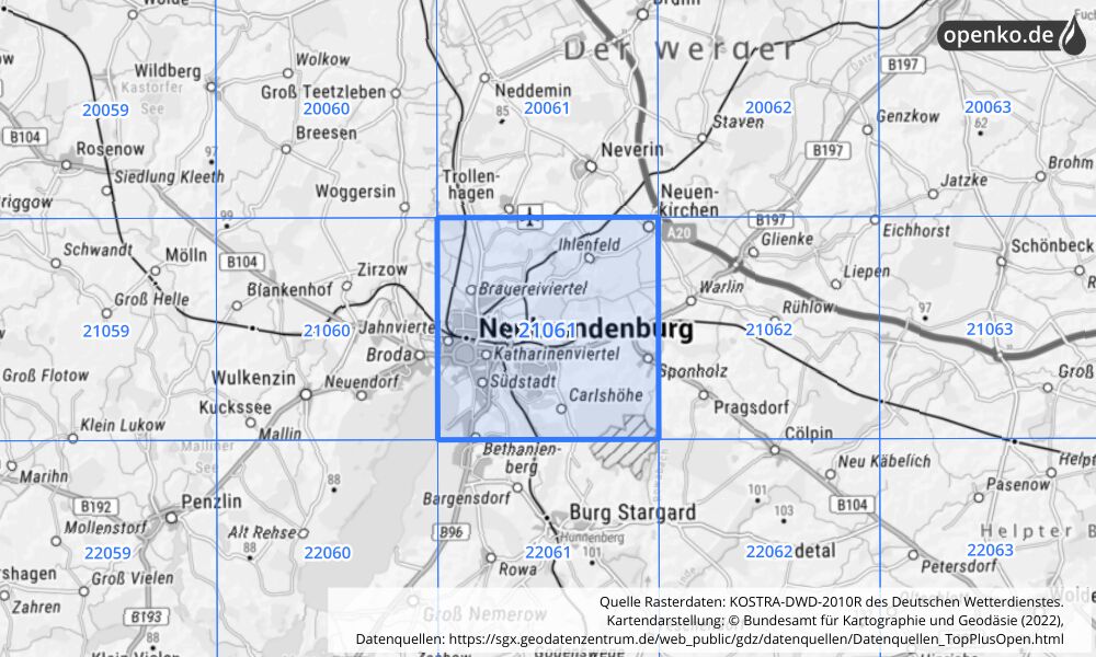 Übersichtskarte KOSTRA-DWD-2010R Rasterfeld Nr. 21061 mit angrenzenden Feldern