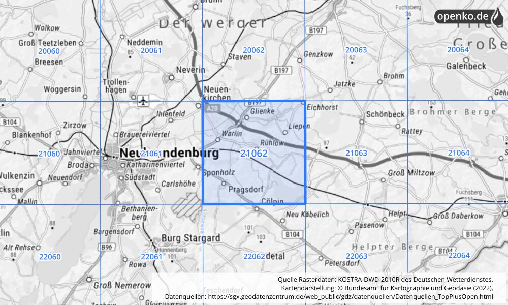 Übersichtskarte KOSTRA-DWD-2010R Rasterfeld Nr. 21062 mit angrenzenden Feldern