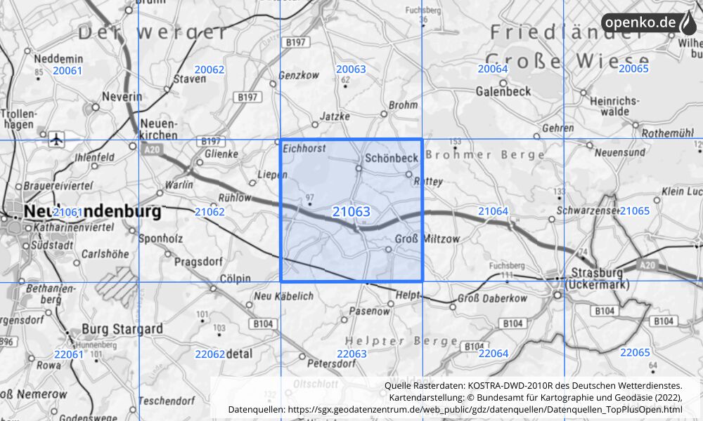 Übersichtskarte KOSTRA-DWD-2010R Rasterfeld Nr. 21063 mit angrenzenden Feldern