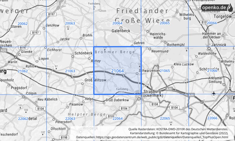 Übersichtskarte KOSTRA-DWD-2010R Rasterfeld Nr. 21064 mit angrenzenden Feldern