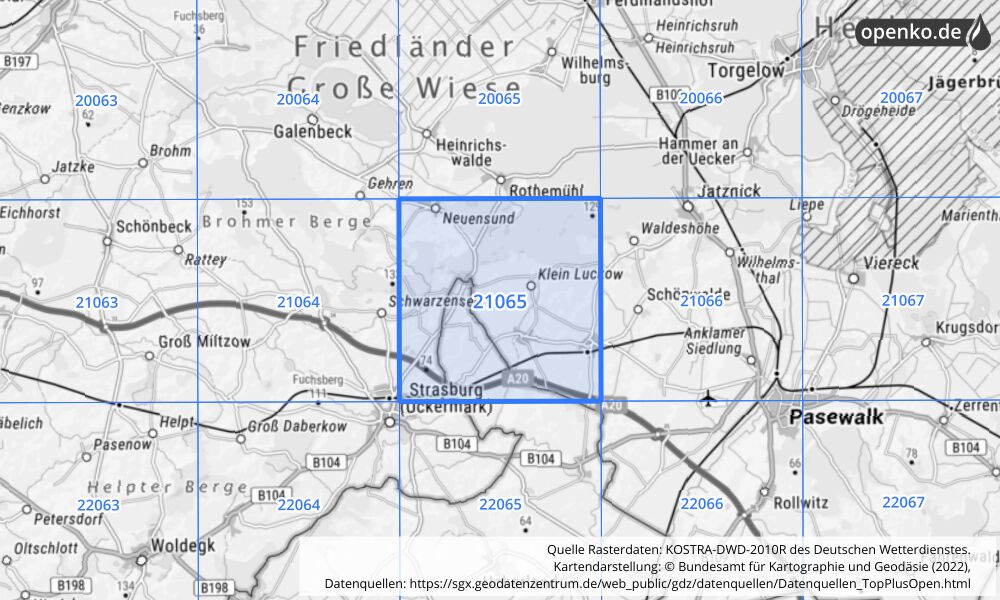 Übersichtskarte KOSTRA-DWD-2010R Rasterfeld Nr. 21065 mit angrenzenden Feldern