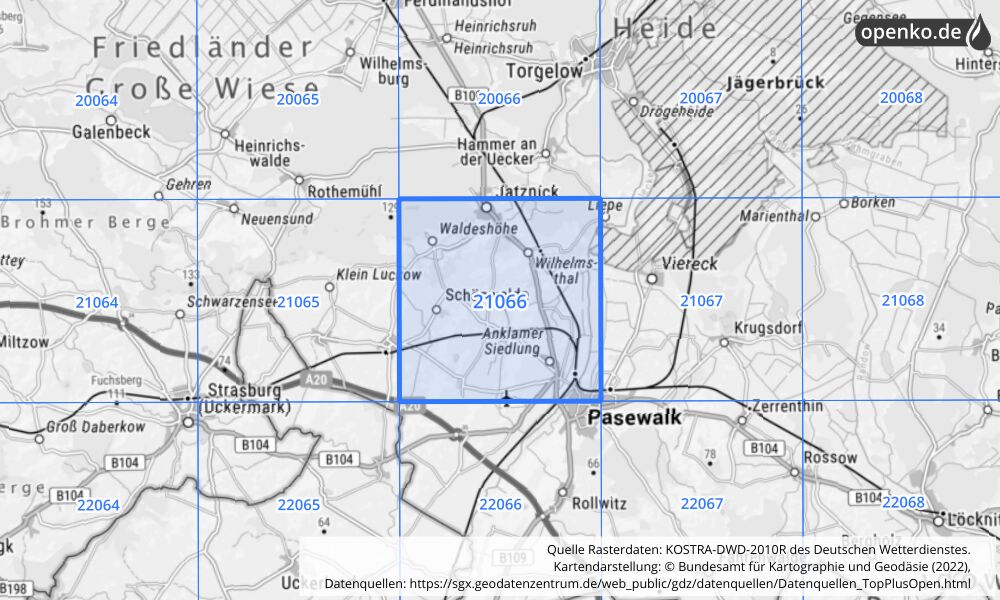 Übersichtskarte KOSTRA-DWD-2010R Rasterfeld Nr. 21066 mit angrenzenden Feldern