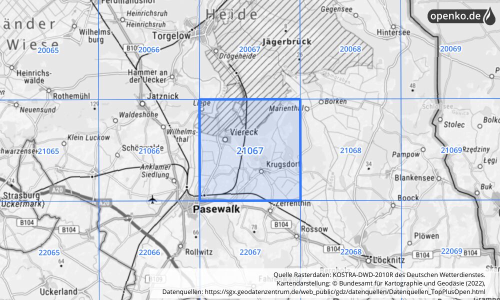 Übersichtskarte KOSTRA-DWD-2010R Rasterfeld Nr. 21067 mit angrenzenden Feldern