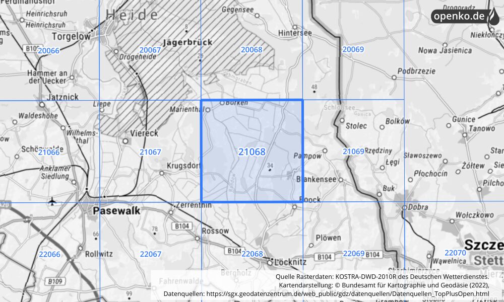 Übersichtskarte KOSTRA-DWD-2010R Rasterfeld Nr. 21068 mit angrenzenden Feldern