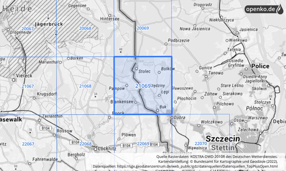 Übersichtskarte KOSTRA-DWD-2010R Rasterfeld Nr. 21069 mit angrenzenden Feldern