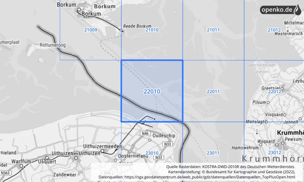 Übersichtskarte KOSTRA-DWD-2010R Rasterfeld Nr. 22010 mit angrenzenden Feldern