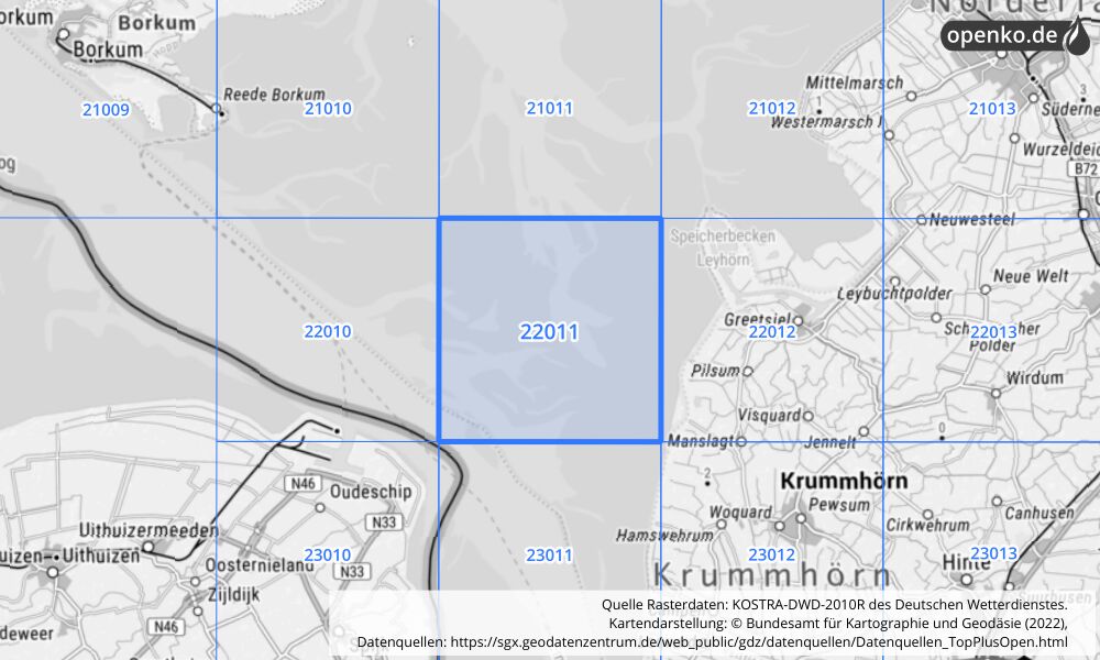 Übersichtskarte KOSTRA-DWD-2010R Rasterfeld Nr. 22011 mit angrenzenden Feldern