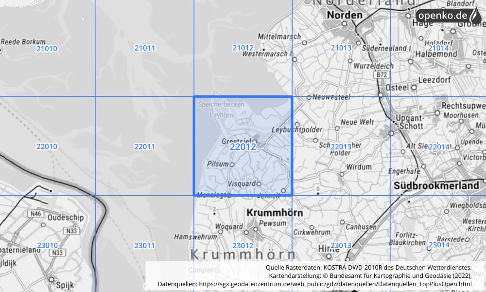 Übersichtskarte KOSTRA-DWD-2010R Rasterfeld Nr. 22012 mit angrenzenden Feldern