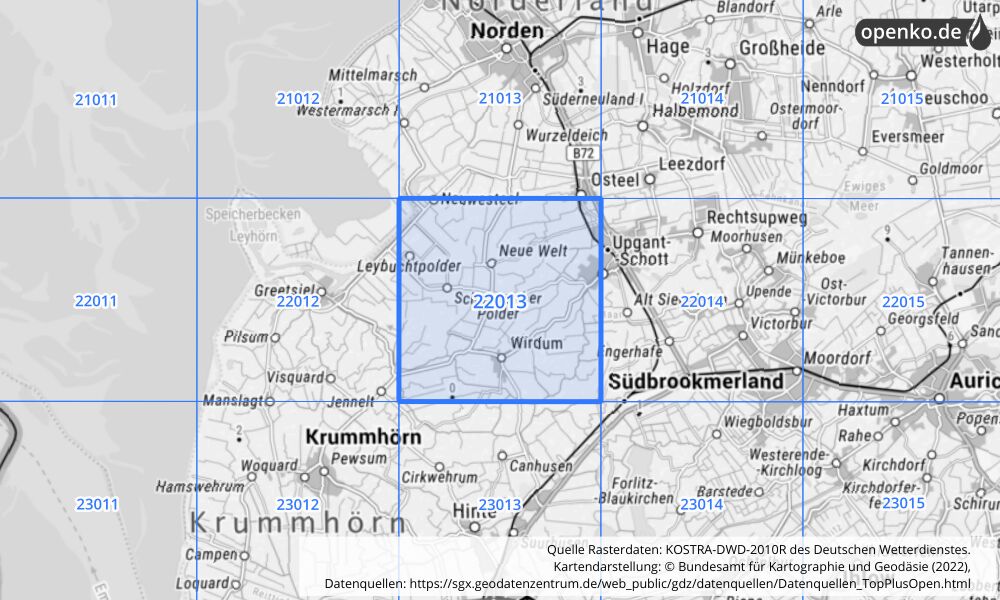 Übersichtskarte KOSTRA-DWD-2010R Rasterfeld Nr. 22013 mit angrenzenden Feldern