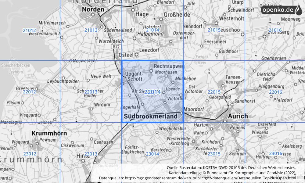 Übersichtskarte KOSTRA-DWD-2010R Rasterfeld Nr. 22014 mit angrenzenden Feldern