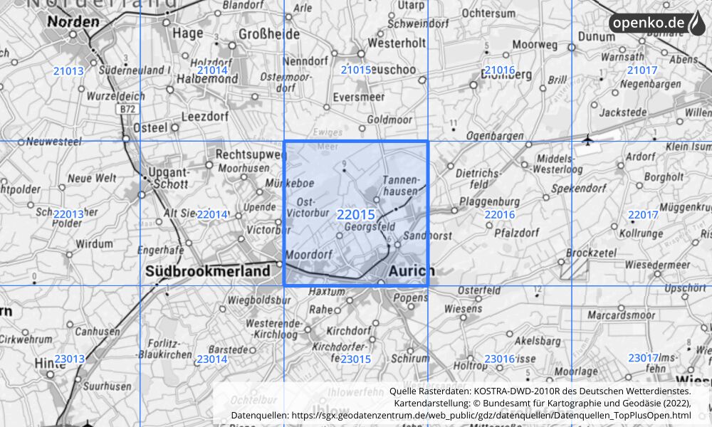 Übersichtskarte KOSTRA-DWD-2010R Rasterfeld Nr. 22015 mit angrenzenden Feldern