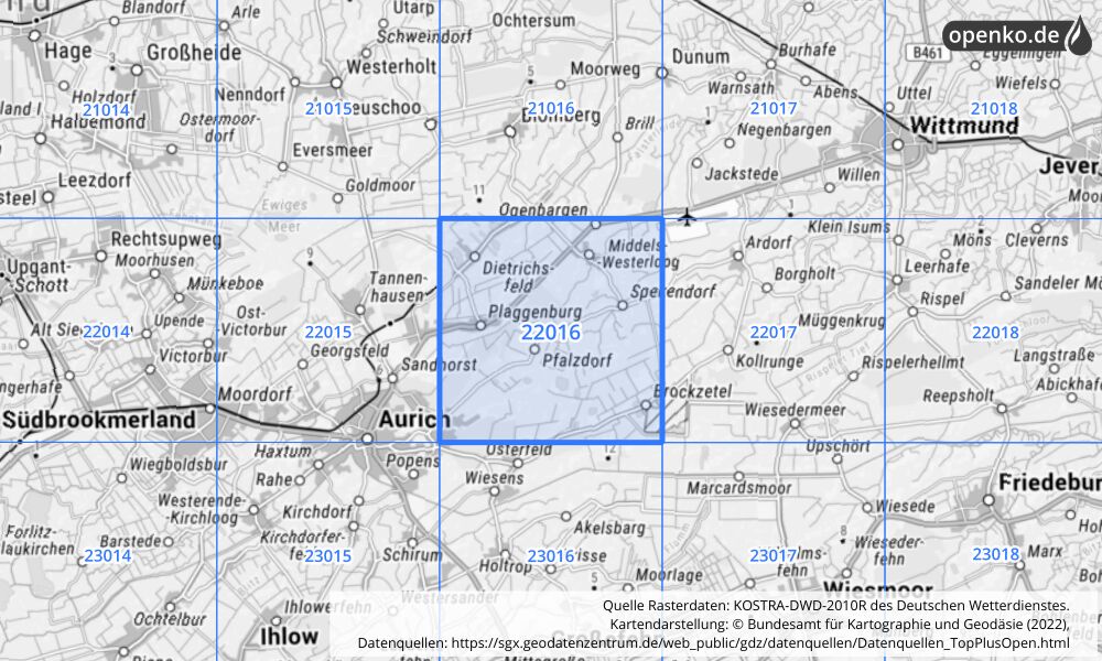 Übersichtskarte KOSTRA-DWD-2010R Rasterfeld Nr. 22016 mit angrenzenden Feldern