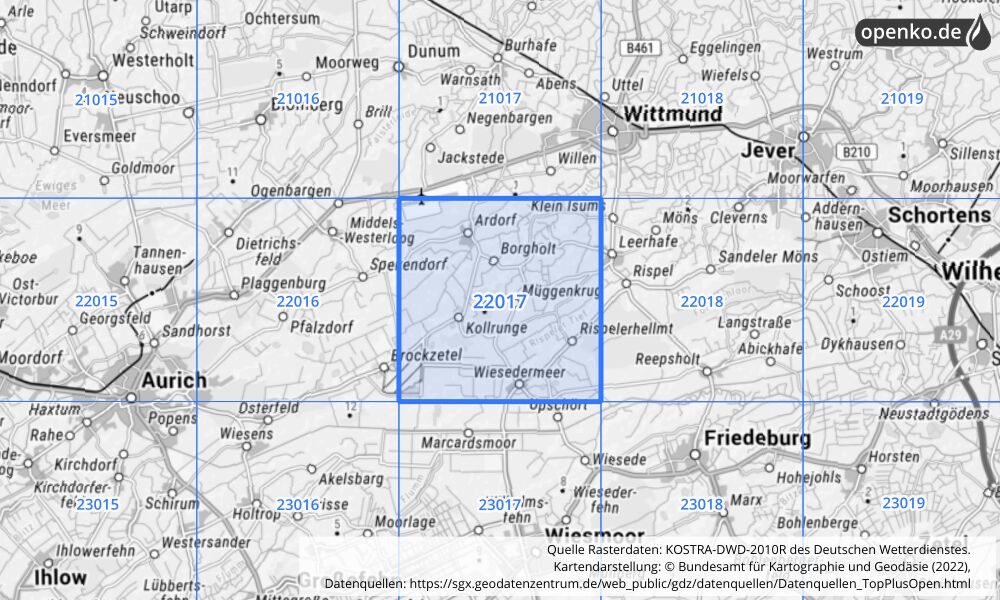 Übersichtskarte KOSTRA-DWD-2010R Rasterfeld Nr. 22017 mit angrenzenden Feldern