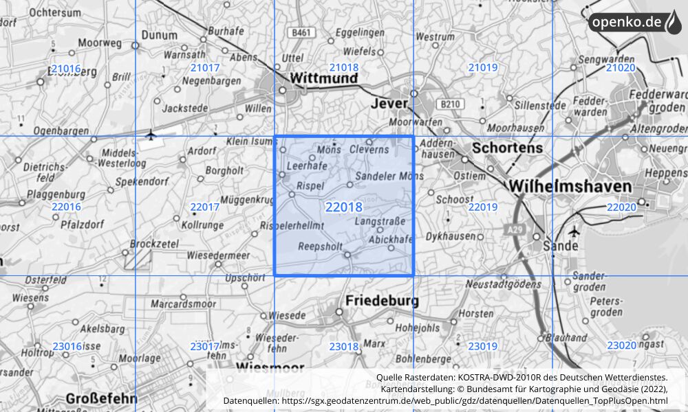 Übersichtskarte KOSTRA-DWD-2010R Rasterfeld Nr. 22018 mit angrenzenden Feldern