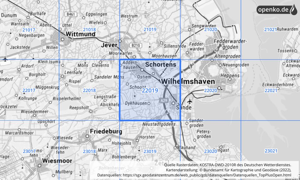 Übersichtskarte KOSTRA-DWD-2010R Rasterfeld Nr. 22019 mit angrenzenden Feldern