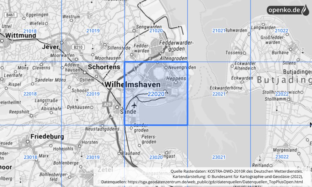 Übersichtskarte KOSTRA-DWD-2010R Rasterfeld Nr. 22020 mit angrenzenden Feldern