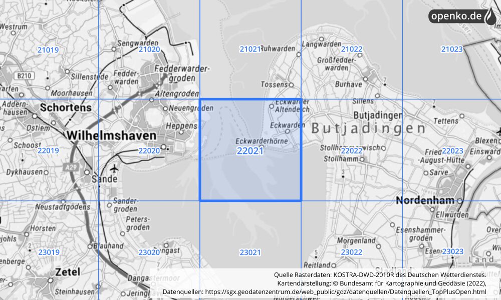 Übersichtskarte KOSTRA-DWD-2010R Rasterfeld Nr. 22021 mit angrenzenden Feldern
