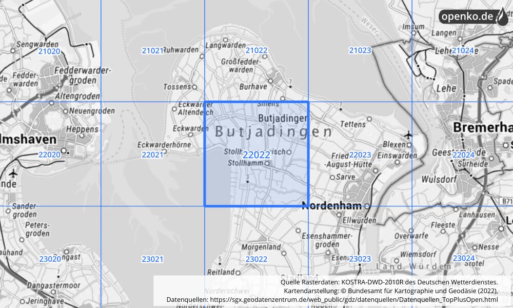 Übersichtskarte KOSTRA-DWD-2010R Rasterfeld Nr. 22022 mit angrenzenden Feldern