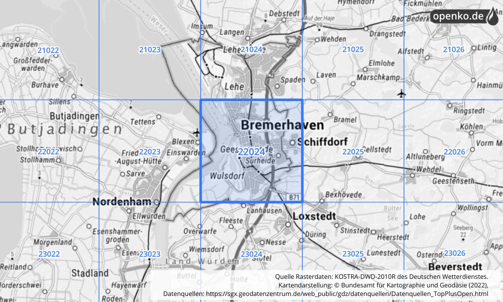 Übersichtskarte KOSTRA-DWD-2010R Rasterfeld Nr. 22024 mit angrenzenden Feldern